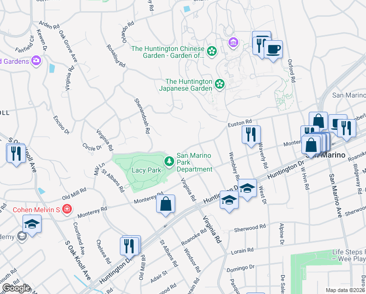 map of restaurants, bars, coffee shops, grocery stores, and more near 1605 Euston Road in San Marino