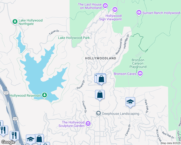map of restaurants, bars, coffee shops, grocery stores, and more near 2881 Belden Drive in Los Angeles