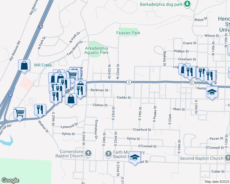 map of restaurants, bars, coffee shops, grocery stores, and more near 114 North 23rd Street in Arkadelphia