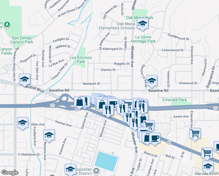 map of restaurants, bars, coffee shops, grocery stores, and more near 4673 Catalina Avenue in La Verne