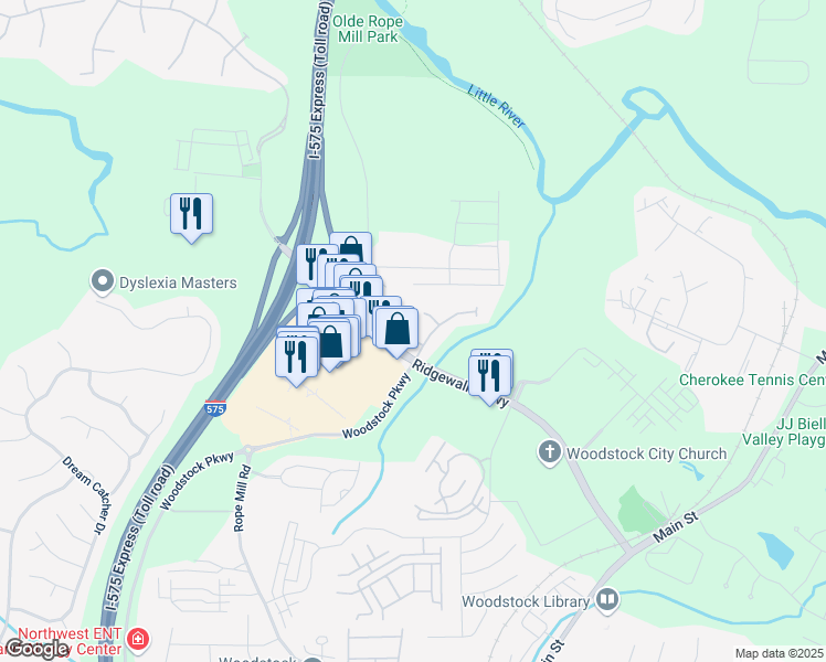 map of restaurants, bars, coffee shops, grocery stores, and more near 312 Vallejo Ct in Woodstock