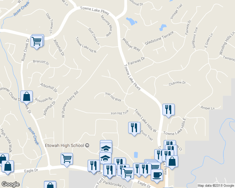 map of restaurants, bars, coffee shops, grocery stores, and more near 402 Bridgepoint Lane in Woodstock