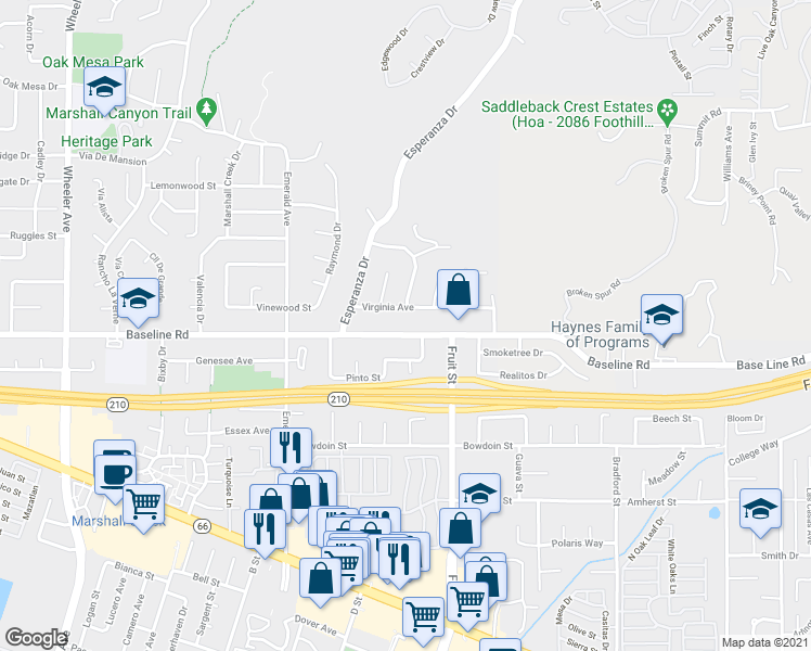 map of restaurants, bars, coffee shops, grocery stores, and more near 2167 Baseline Road in La Verne
