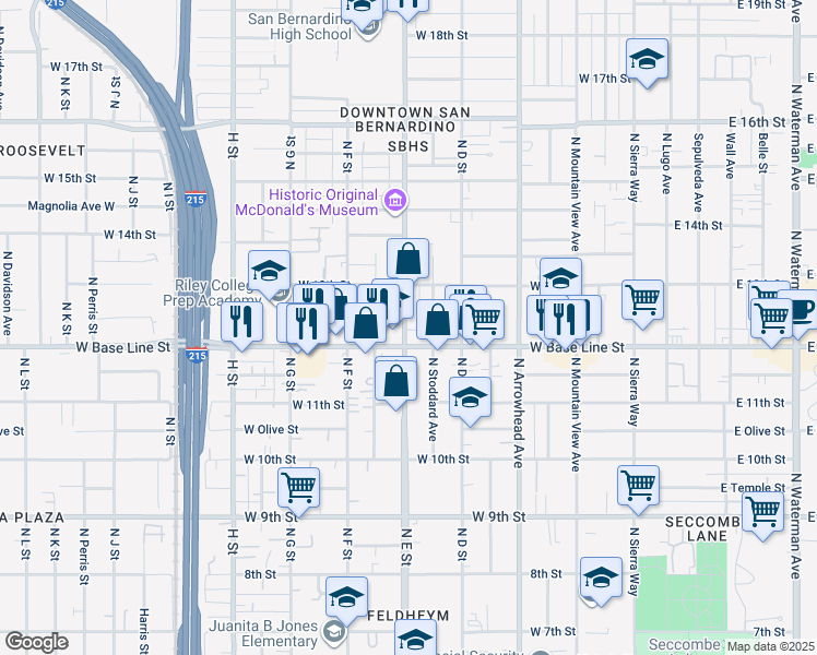 map of restaurants, bars, coffee shops, grocery stores, and more near 231 North E Street in San Bernardino