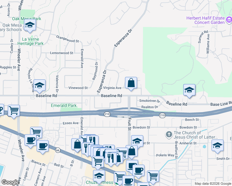 map of restaurants, bars, coffee shops, grocery stores, and more near 2167 Baseline Road in La Verne