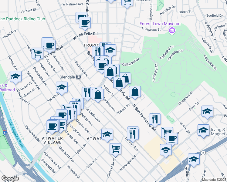 map of restaurants, bars, coffee shops, grocery stores, and more near 1838 Vassar Street in Glendale