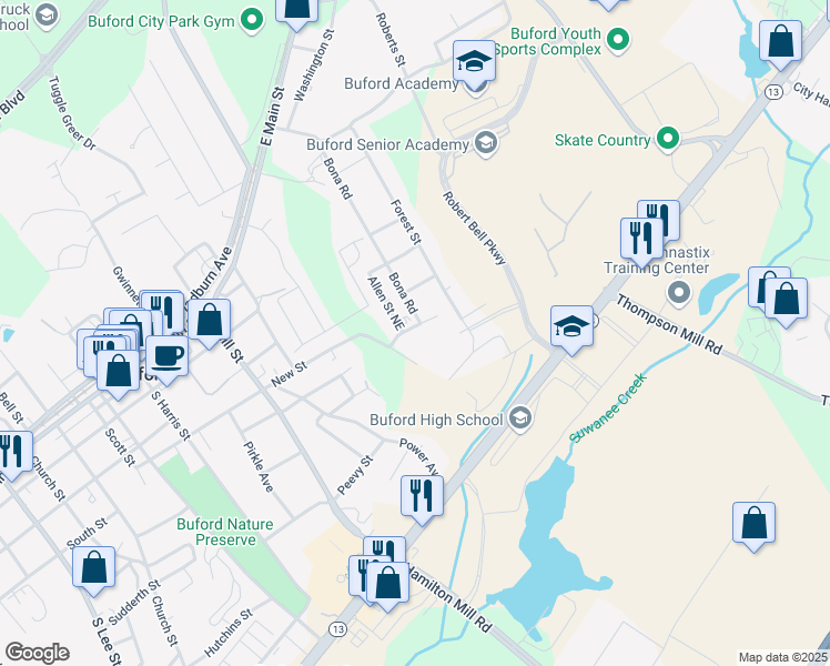 map of restaurants, bars, coffee shops, grocery stores, and more near 472 Silver Street Northeast in Buford
