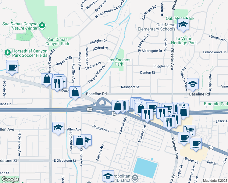 map of restaurants, bars, coffee shops, grocery stores, and more near 1035 Baseline Road in La Verne