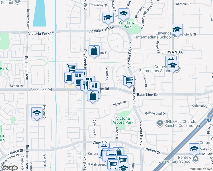 map of restaurants, bars, coffee shops, grocery stores, and more near 12445 Harwick Drive in Rancho Cucamonga