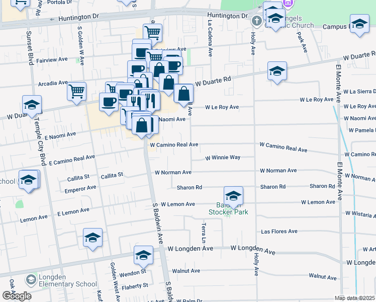 map of restaurants, bars, coffee shops, grocery stores, and more near 1511 Lovell Avenue in Arcadia