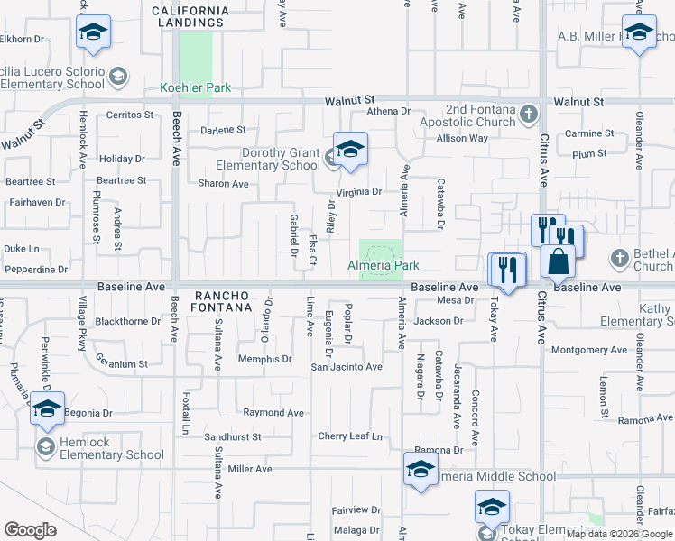 map of restaurants, bars, coffee shops, grocery stores, and more near 7275 Riley Drive in Fontana