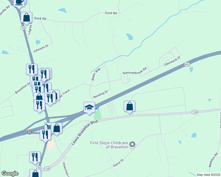 map of restaurants, bars, coffee shops, grocery stores, and more near 299 Reisling Drive in Braselton