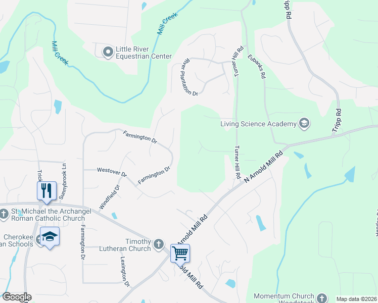 map of restaurants, bars, coffee shops, grocery stores, and more near 211 Bluff Creek Dr in Woodstock