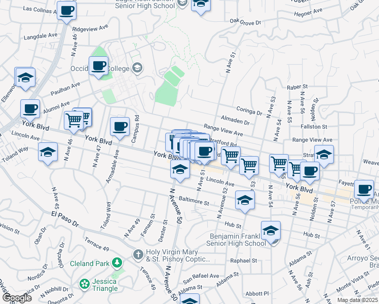 map of restaurants, bars, coffee shops, grocery stores, and more near 5020 Meridian Street in Los Angeles