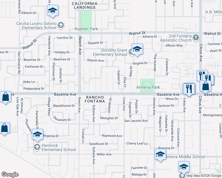 map of restaurants, bars, coffee shops, grocery stores, and more near 7272 Helena Place in Fontana