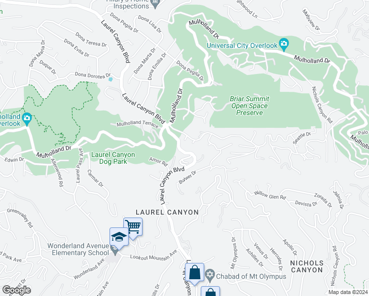 map of restaurants, bars, coffee shops, grocery stores, and more near 8044 Woodrow Wilson Drive in Los Angeles
