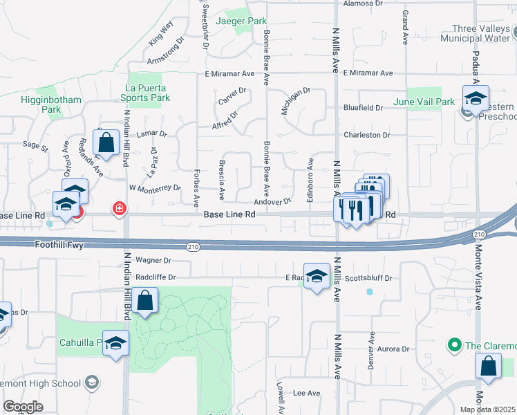 map of restaurants, bars, coffee shops, grocery stores, and more near 264 Andover Drive in Claremont