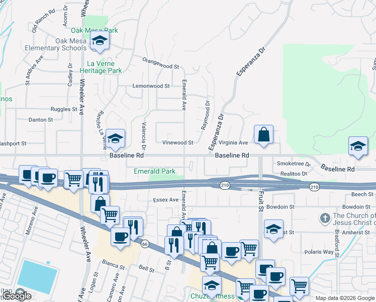 map of restaurants, bars, coffee shops, grocery stores, and more near 2011 Baseline Road in La Verne