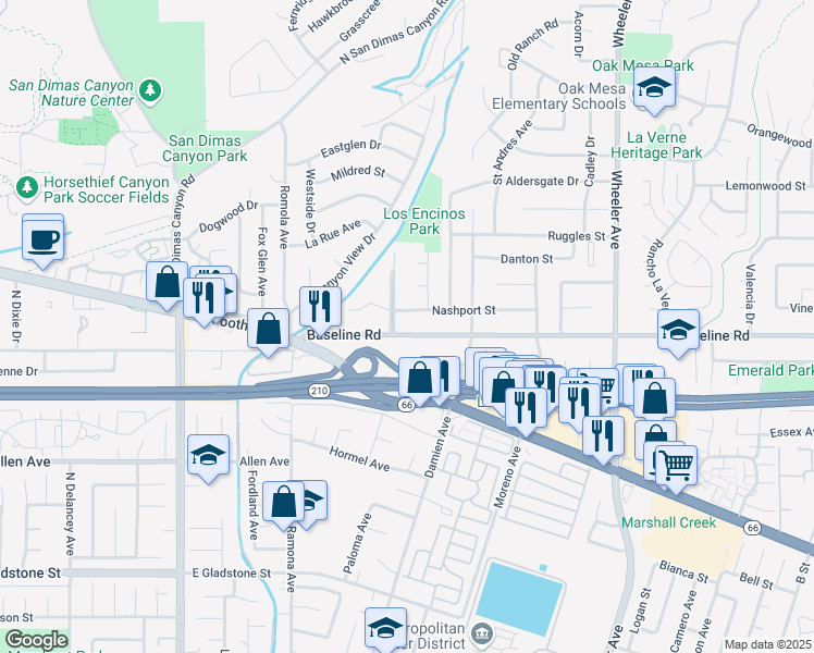 map of restaurants, bars, coffee shops, grocery stores, and more near 1035 Baseline Road in La Verne