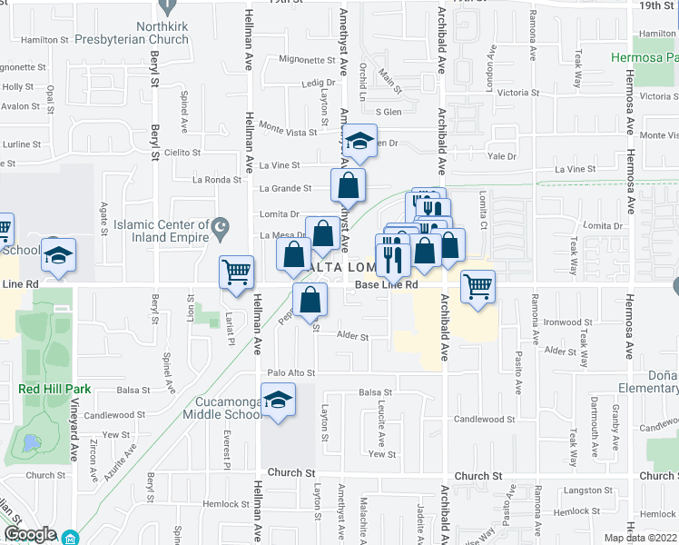 map of restaurants, bars, coffee shops, grocery stores, and more near 7276 Amethyst Avenue in Rancho Cucamonga