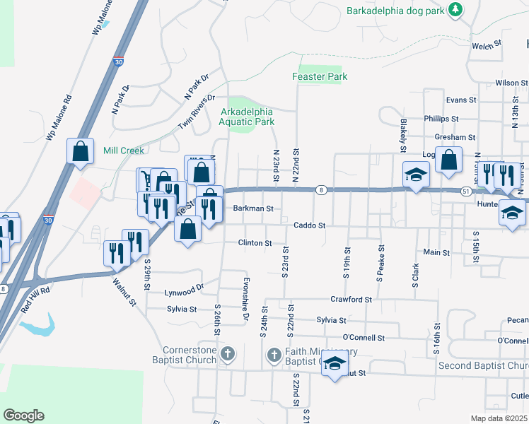 map of restaurants, bars, coffee shops, grocery stores, and more near 2311 Barkman Street in Arkadelphia