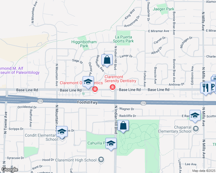 map of restaurants, bars, coffee shops, grocery stores, and more near 431 West Baseline Road in Claremont