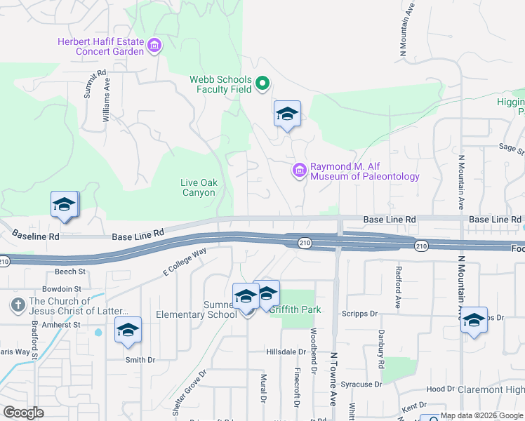 map of restaurants, bars, coffee shops, grocery stores, and more near 425 East Baseline Road in Claremont