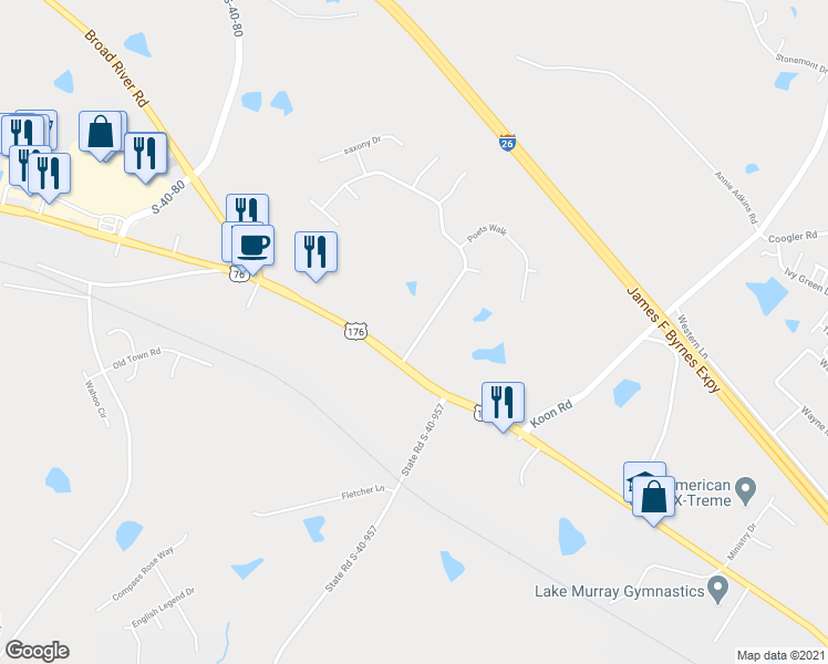 map of restaurants, bars, coffee shops, grocery stores, and more near 117 Caedmons Creek Drive in Irmo