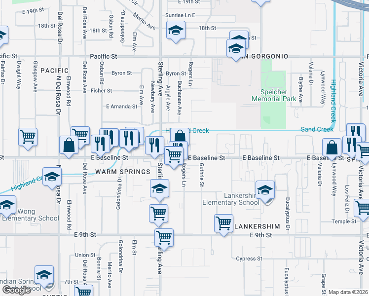 map of restaurants, bars, coffee shops, grocery stores, and more near 25795 Walker Street in San Bernardino