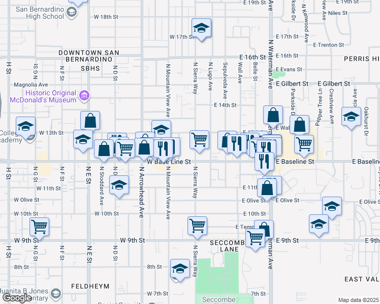 map of restaurants, bars, coffee shops, grocery stores, and more near 1219 North Sierra Way in San Bernardino
