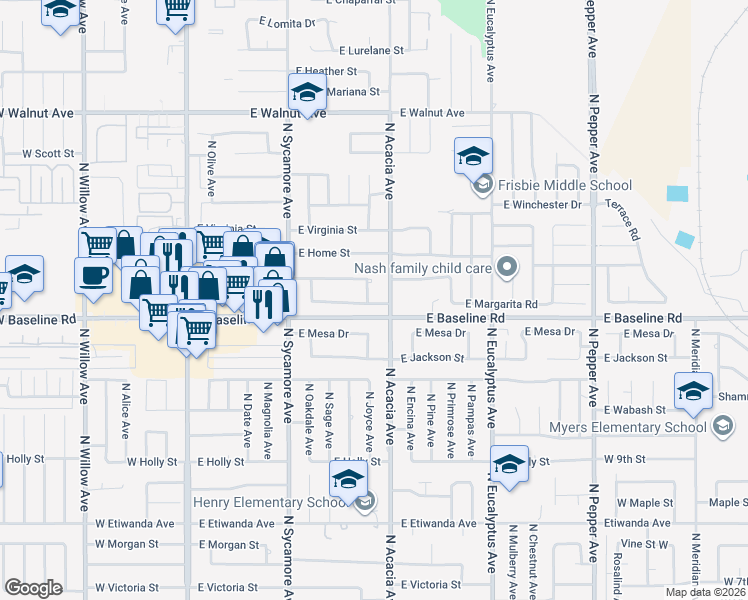 map of restaurants, bars, coffee shops, grocery stores, and more near 442 East Margarita Road in Rialto