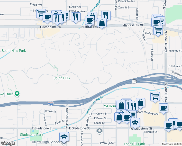 map of restaurants, bars, coffee shops, grocery stores, and more near 1000 South Sunflower Avenue in Glendora