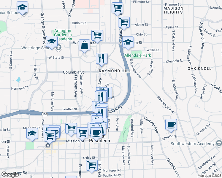 map of restaurants, bars, coffee shops, grocery stores, and more near 1660 Amberwood Drive in South Pasadena