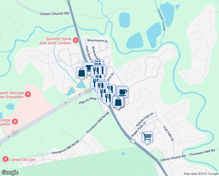 map of restaurants, bars, coffee shops, grocery stores, and more near 2655 Old Winder Highway in Braselton