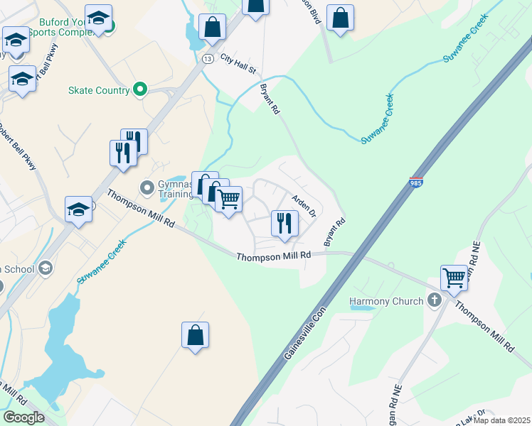 map of restaurants, bars, coffee shops, grocery stores, and more near 4778 Pebble Trce in Buford