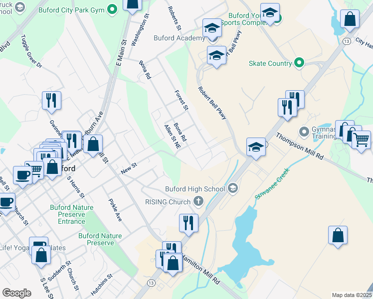 map of restaurants, bars, coffee shops, grocery stores, and more near 461 Silver Street Northeast in Buford