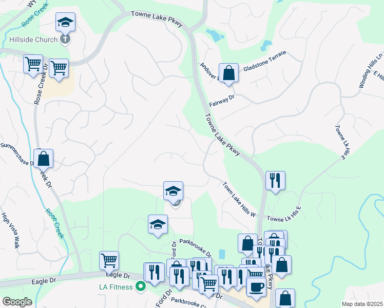 map of restaurants, bars, coffee shops, grocery stores, and more near 402 Bridgepoint Lane in Woodstock