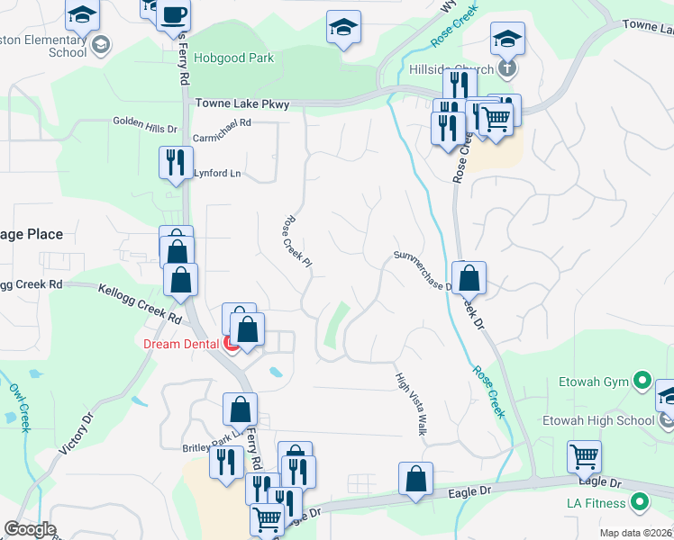 map of restaurants, bars, coffee shops, grocery stores, and more near 805 Rose Creek Walk in Woodstock