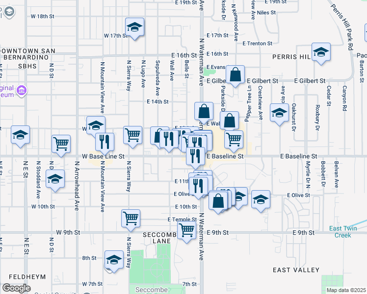 map of restaurants, bars, coffee shops, grocery stores, and more near 1220 Belle Street in San Bernardino