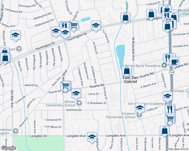 map of restaurants, bars, coffee shops, grocery stores, and more near 6748 North Ruthlee Avenue in San Gabriel