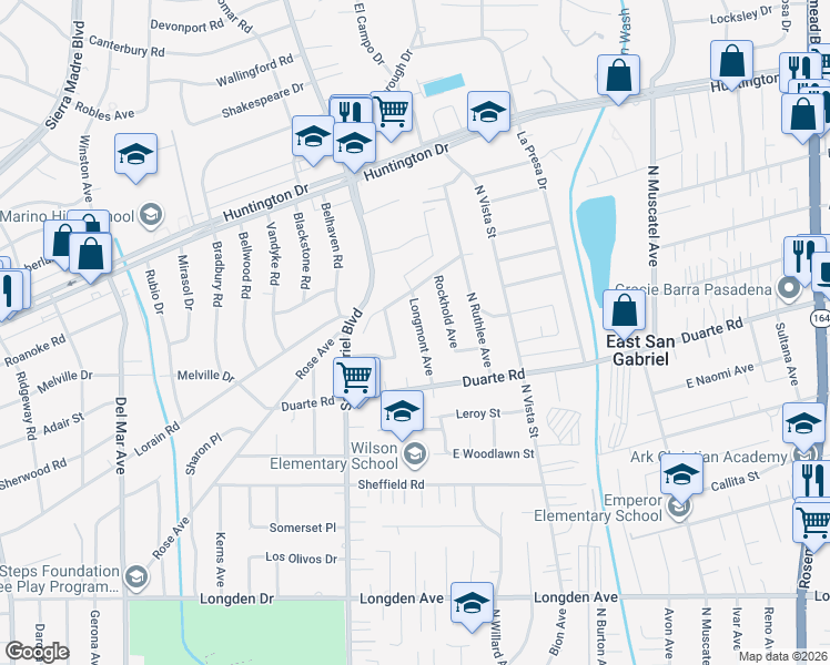 map of restaurants, bars, coffee shops, grocery stores, and more near 6761 Longmont Avenue in San Gabriel