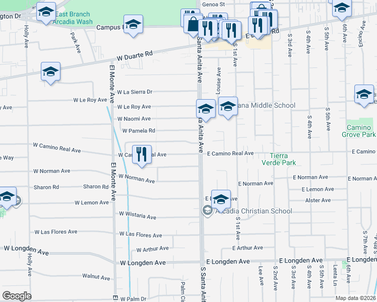 map of restaurants, bars, coffee shops, grocery stores, and more near 21 West Camino Real Avenue in Arcadia
