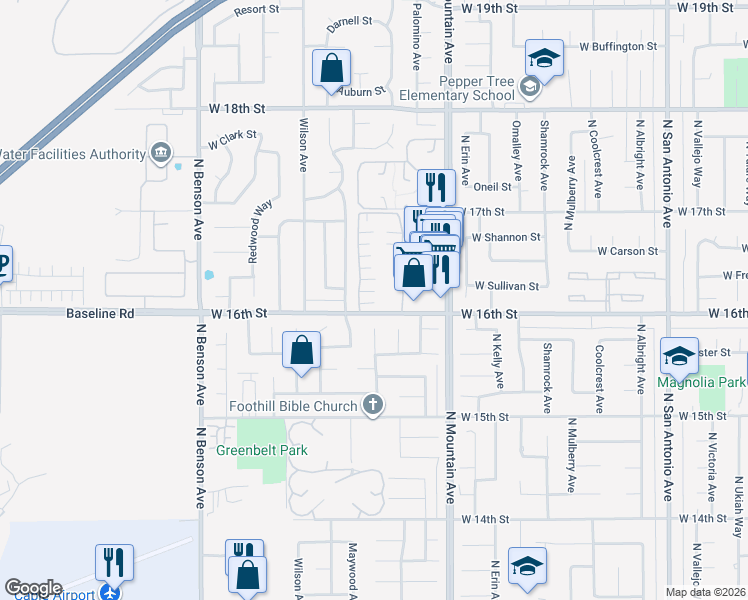 map of restaurants, bars, coffee shops, grocery stores, and more near 1616 Carmel Circle West in Upland