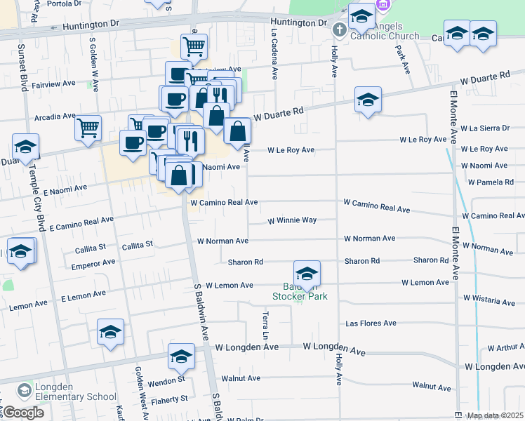 map of restaurants, bars, coffee shops, grocery stores, and more near 508 West Camino Real Avenue in Arcadia