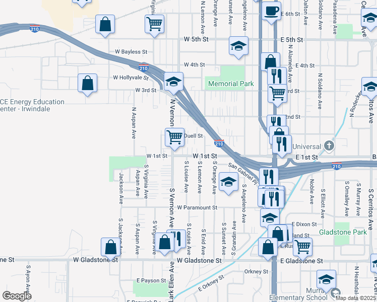 map of restaurants, bars, coffee shops, grocery stores, and more near 703 West 1st Street in Azusa