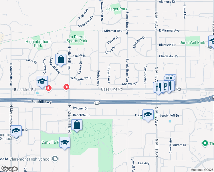map of restaurants, bars, coffee shops, grocery stores, and more near 2111 Brescia Avenue in Claremont
