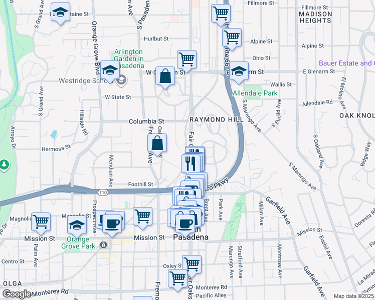 map of restaurants, bars, coffee shops, grocery stores, and more near 325 Fair Oaks Avenue in South Pasadena