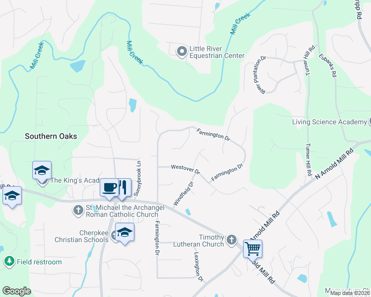 map of restaurants, bars, coffee shops, grocery stores, and more near 909 Andover Court in Woodstock