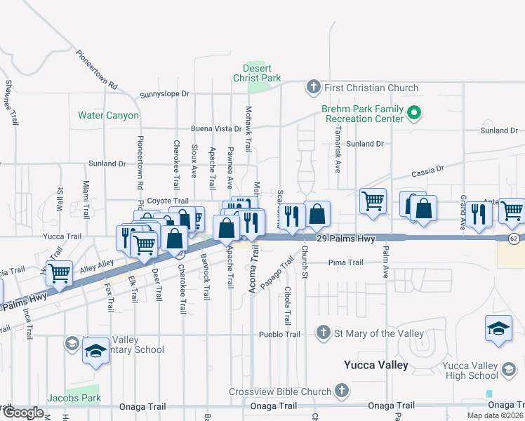 map of restaurants, bars, coffee shops, grocery stores, and more near 7221 Mohawk Trail in Yucca Valley