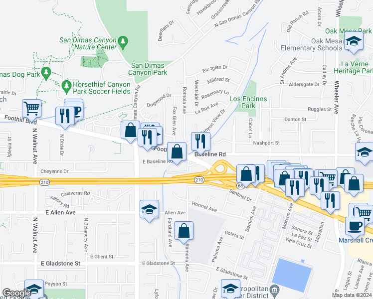 map of restaurants, bars, coffee shops, grocery stores, and more near 900 Canyon View Drive in La Verne